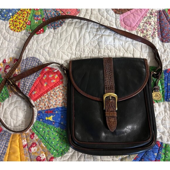 Vintage Brahmin 80's Black/Brown croc strap leather crossbody bag - Picture 1 of 13